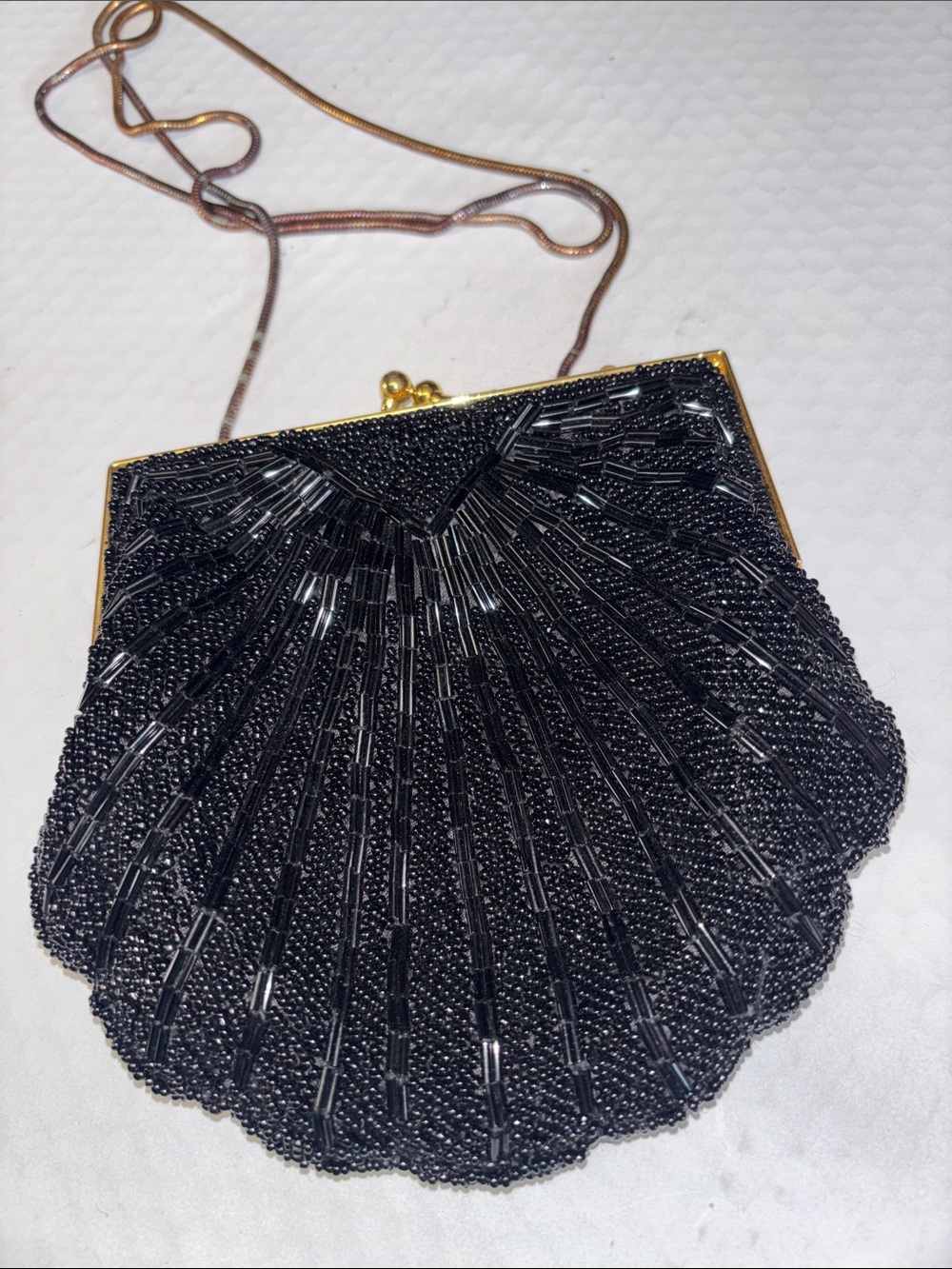 Hillard & Hanson Black Beaded Shell Evening Bag Purse  Gold Chain Strap